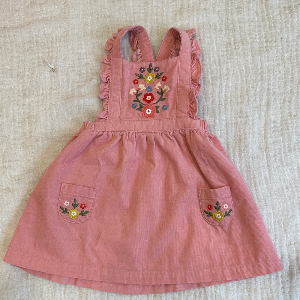Baby Boden Pink Pinafore Dress with Floral Embroidery